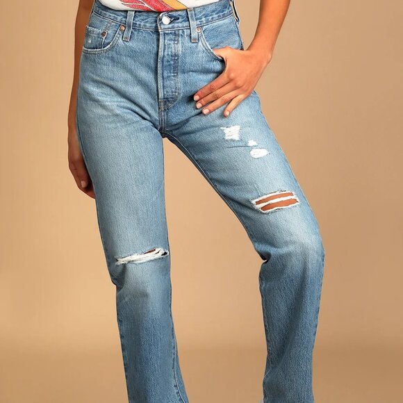 501 Original Fit Distressed Medium Wash High-Rise Jeans - Picture 1 of 2